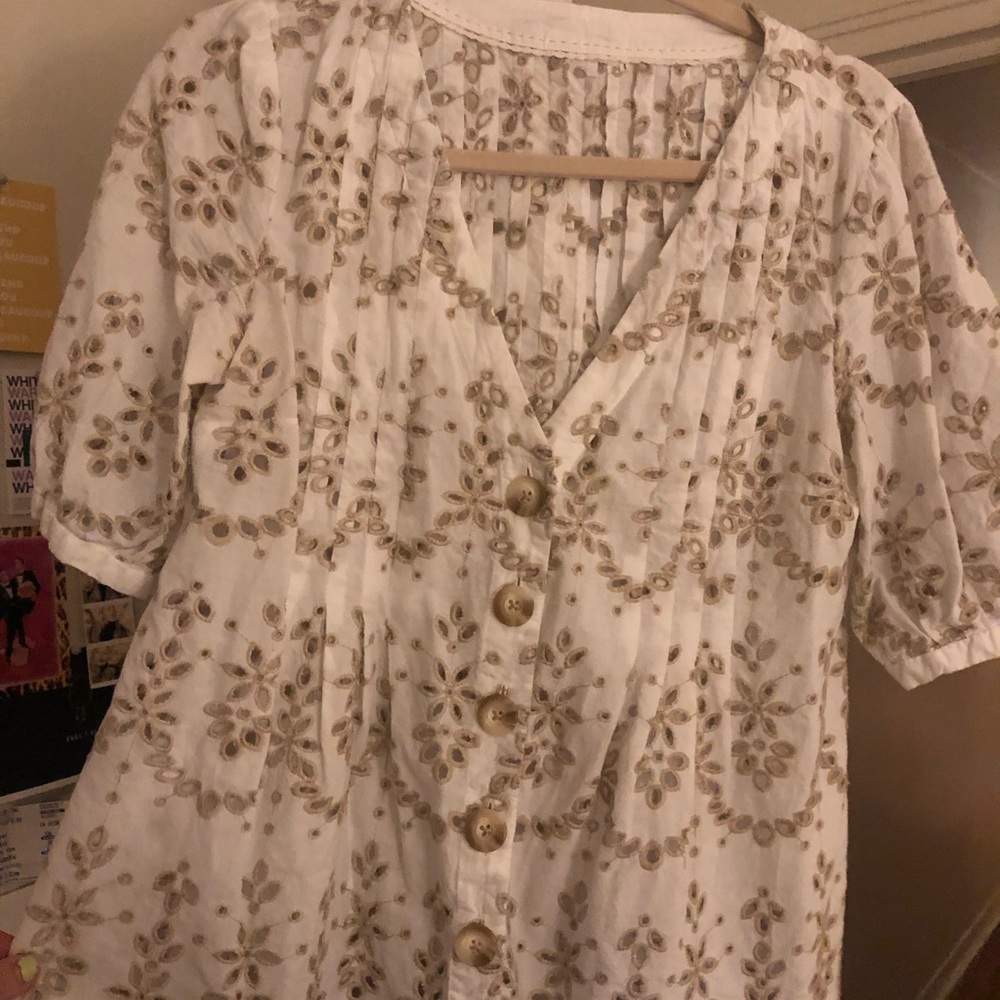 Anthropologie Button Lace Short Sleeve Top